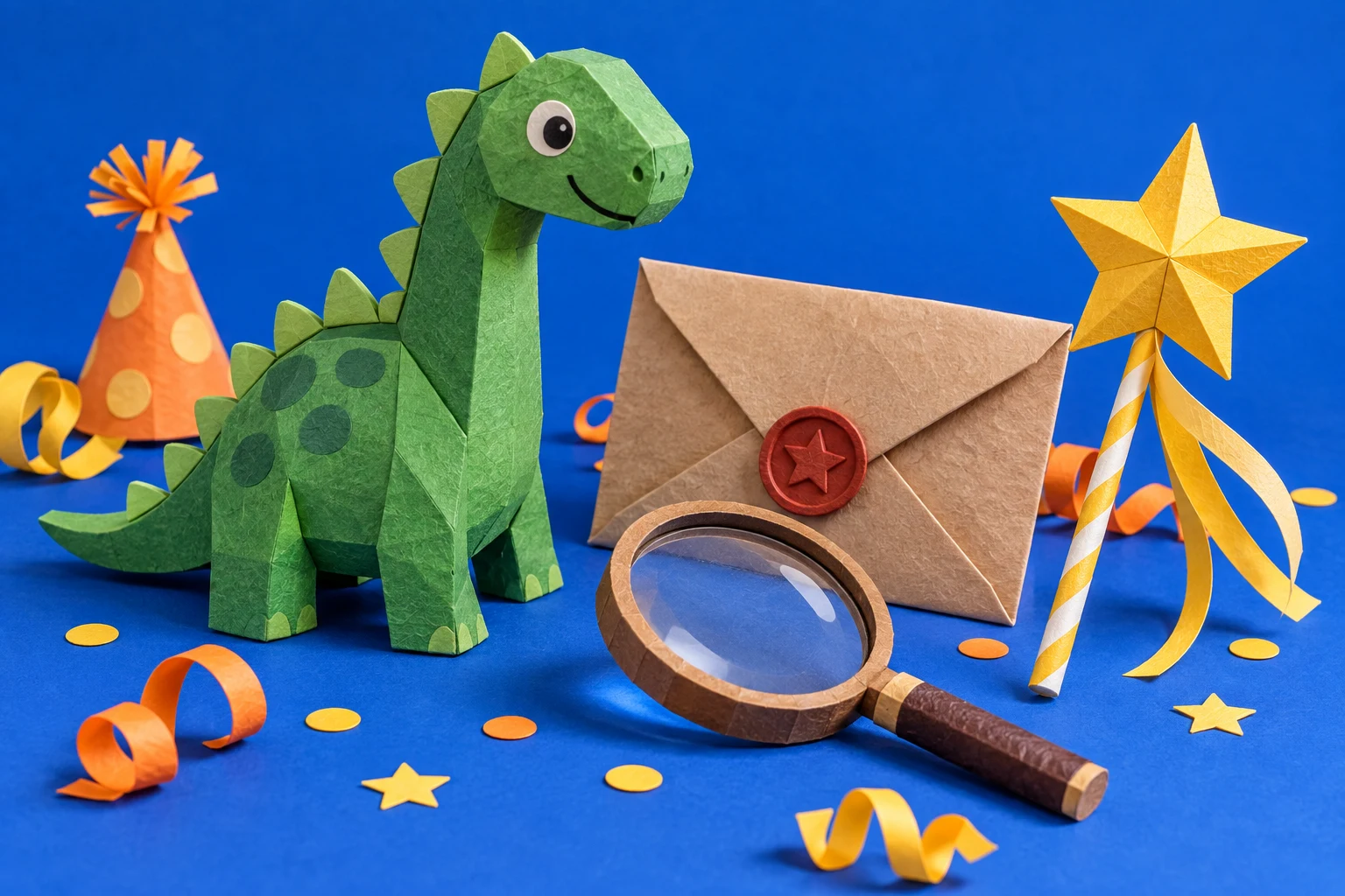 Un dinosaurio de papel, una lupa y una varita preparados para una aventura