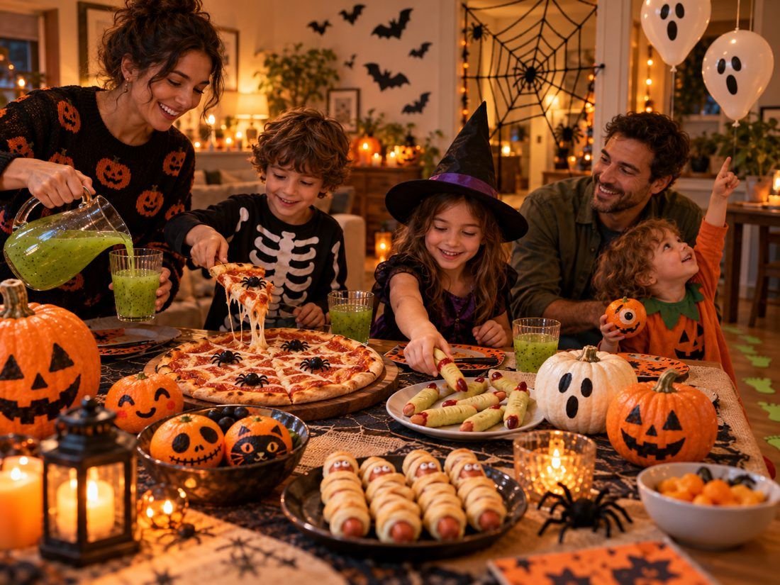 Una familia cenando pizza telaraña y dedos de momia en una casa decorada para Halloween