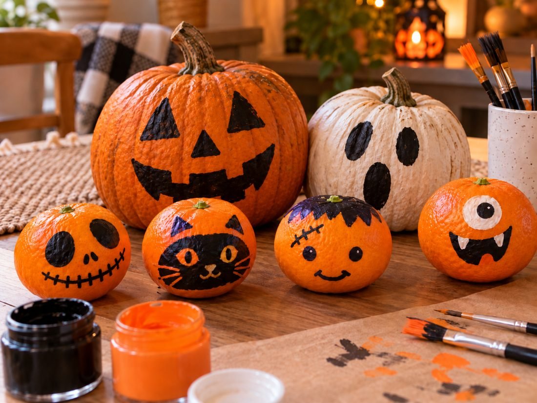 Calabazas y mandarinas pintadas con caras de Halloween