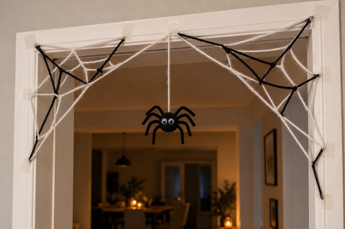 Telaraña de lana en el marco de una puerta con una araña de pompón